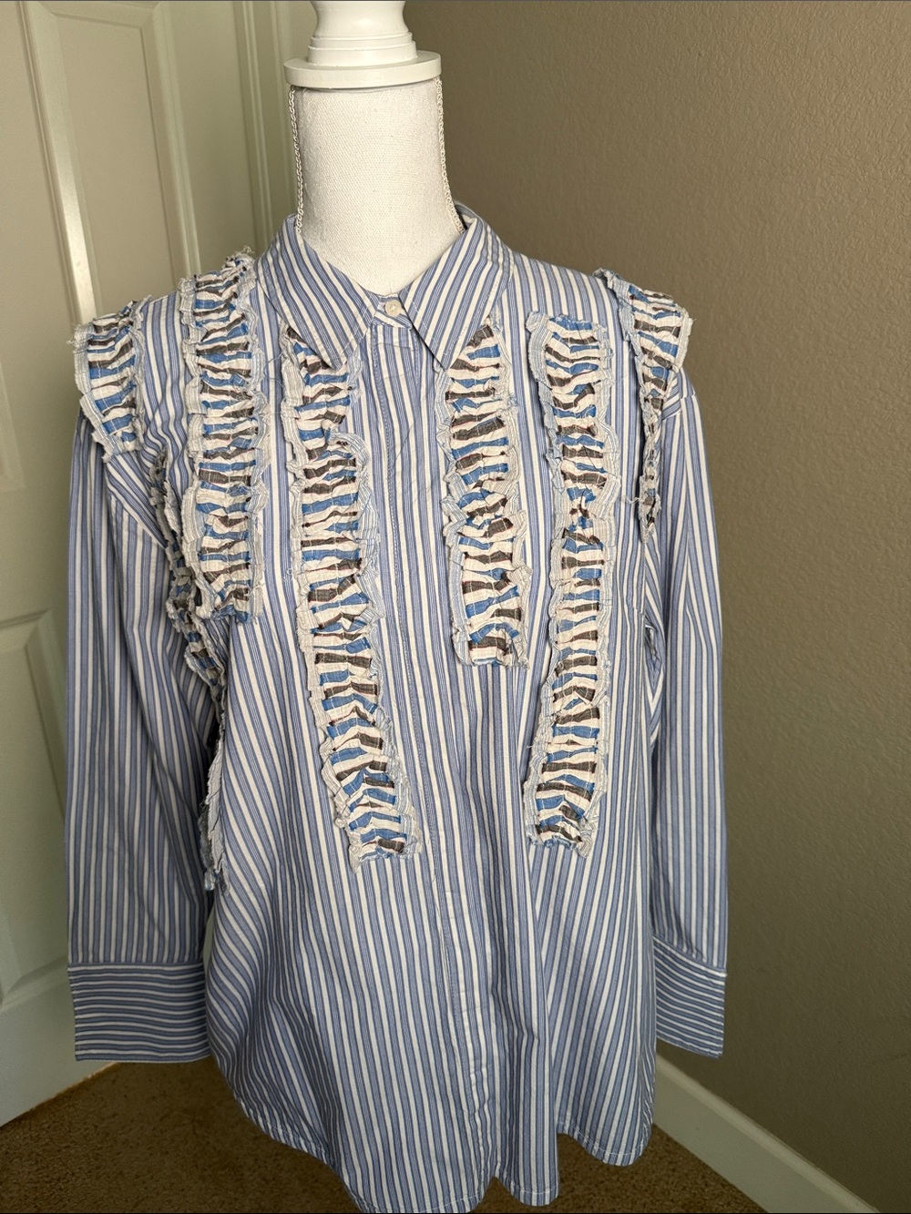 Maeve Blue and White Striped Ruffle-Trim Shirt